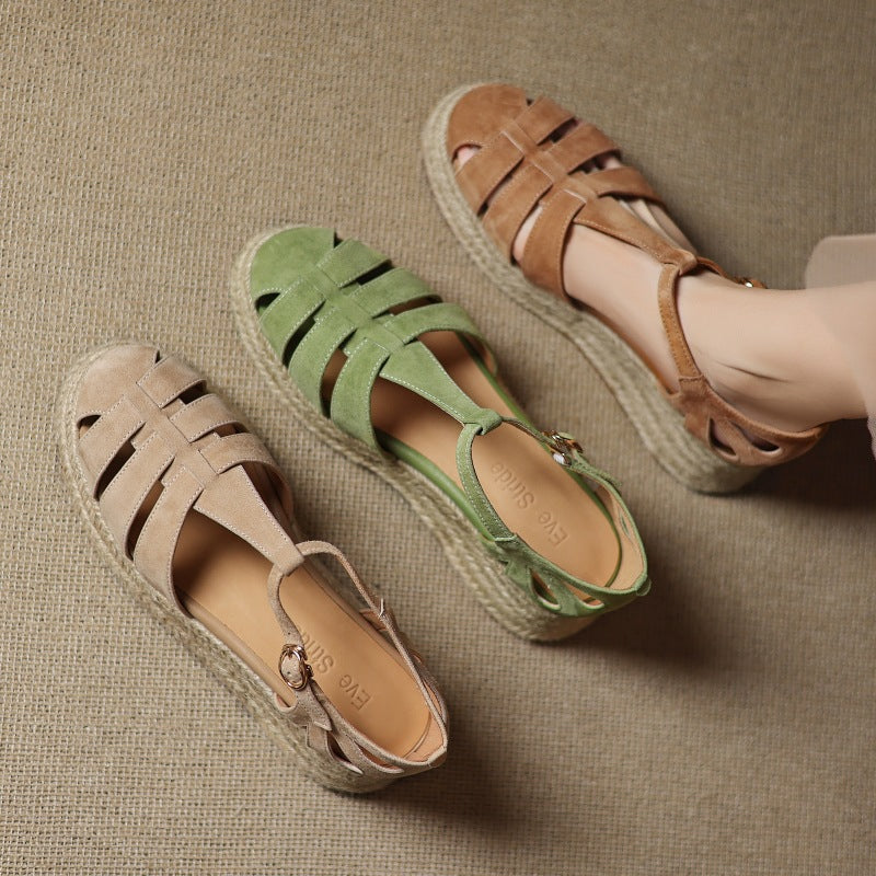 Straw-woven Wedge-heel Roman Sandals For Women