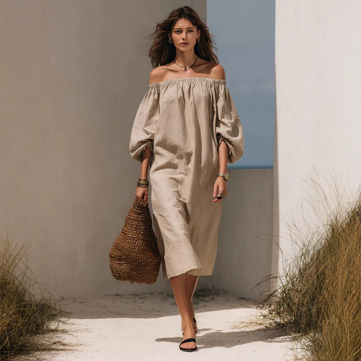 Womens Blended Off-shoulder Puff-sleeve Dress