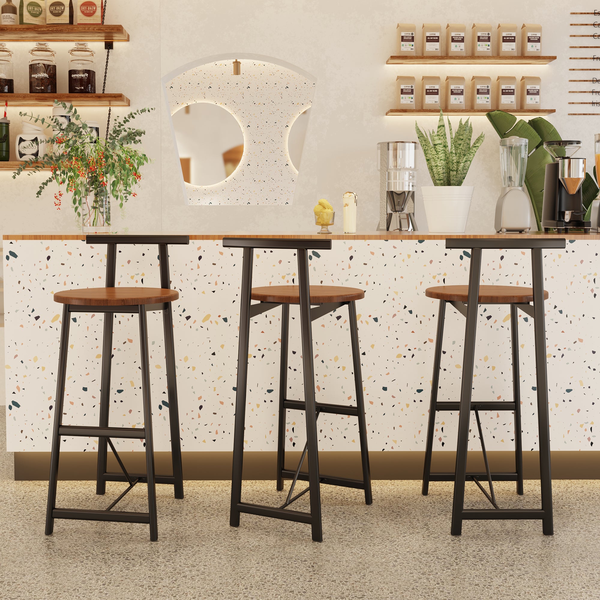 Bar Stool Set Of 3 Counter Height Barstools With Back Armless Dining Chairs For Kitchen Island  Black & Walnut Brown
