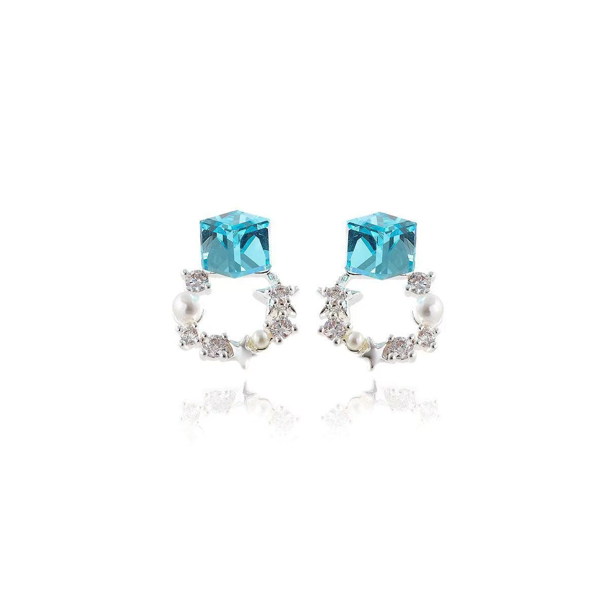 New Blue Rhombus Zircon Star Pearl Earrings, Unique Niche Light Luxury Studs For Women
