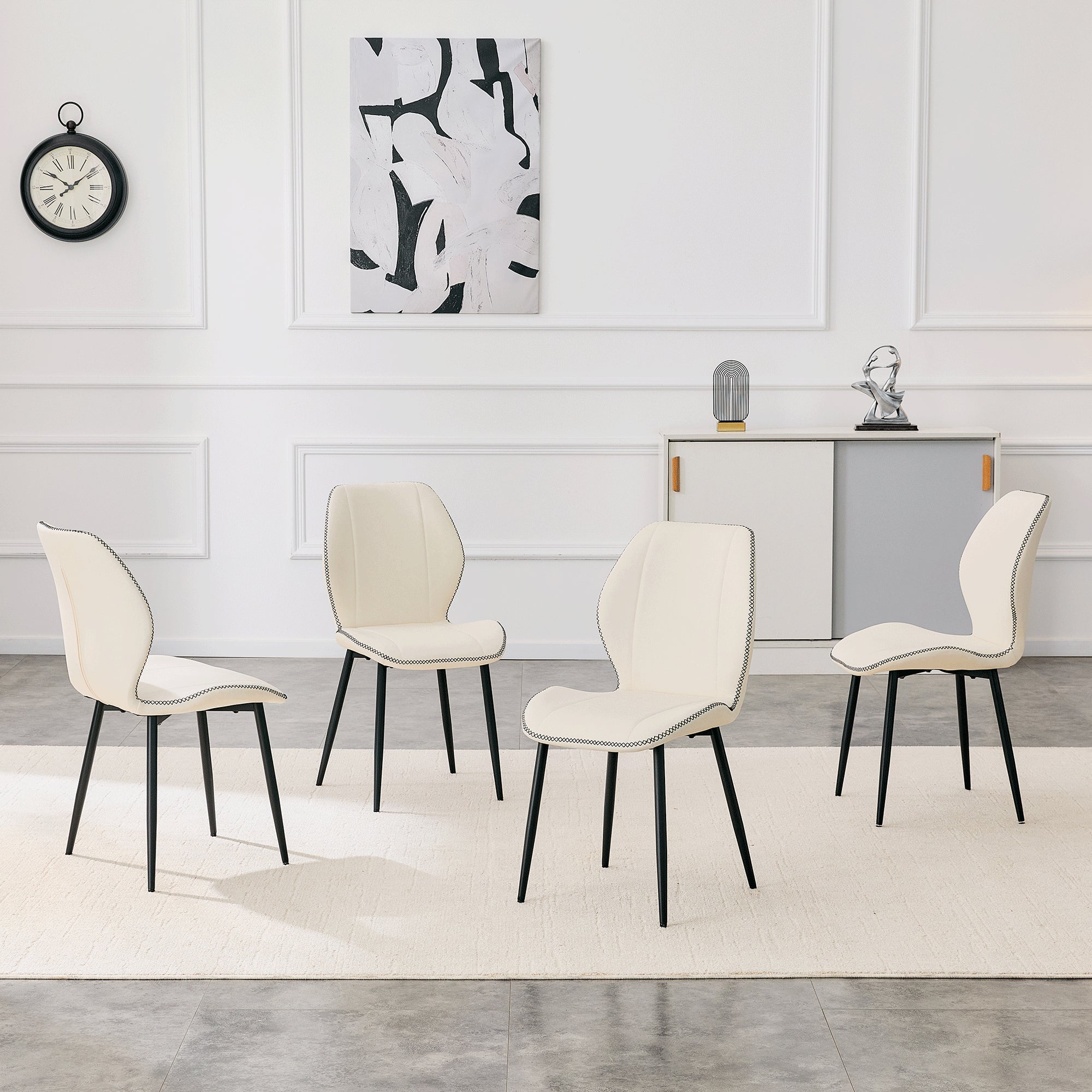 4-Pack White Light Luxury Household PU Leather Dining Chairs. Multiple Colors Available, With Black Metal Legs And Adjustable Feet, Suitable For Dining Room, Study & Office ,etc.