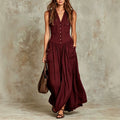 Relaxed-fit Sleeveless Casual V-neck Vintage Dress With Buttons