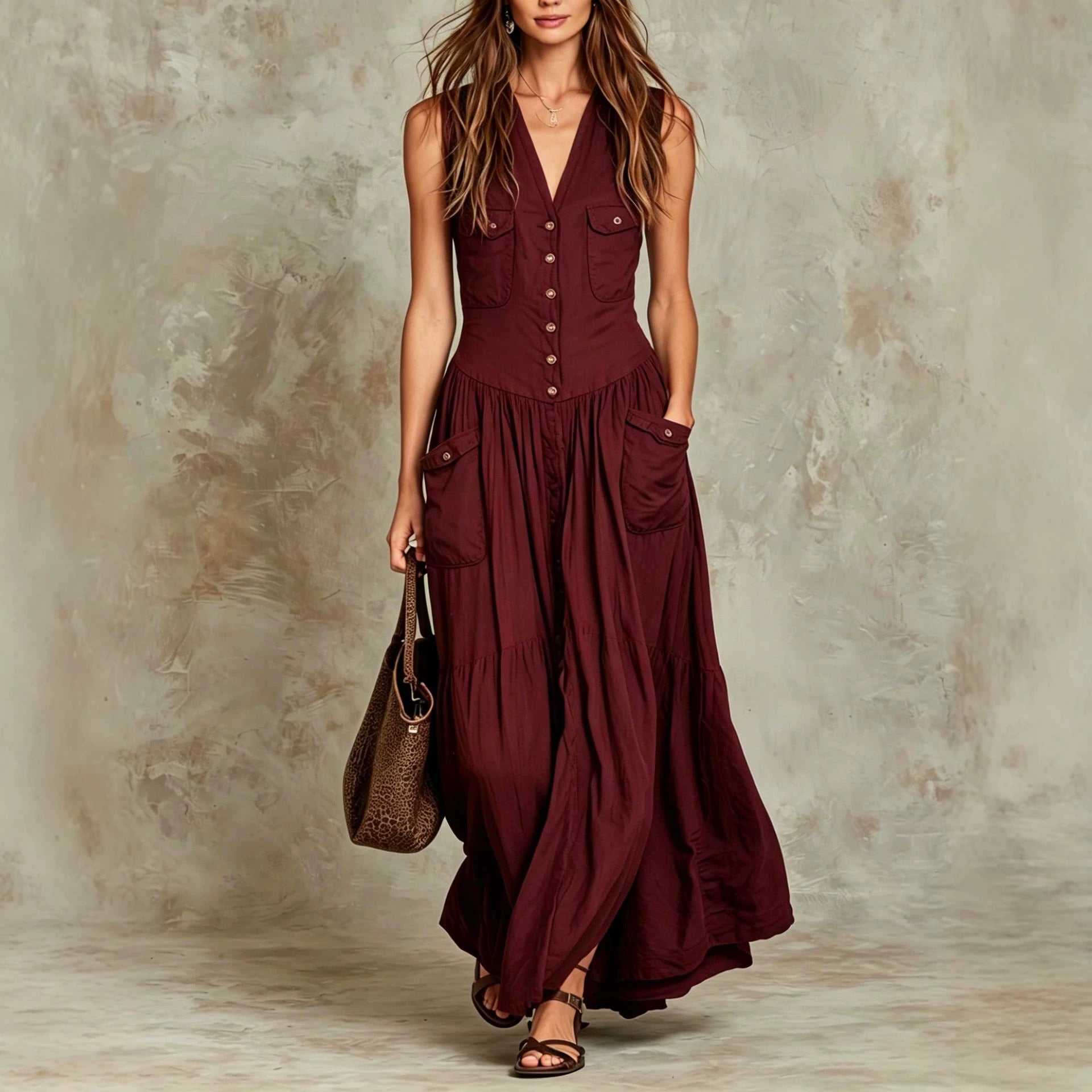 Relaxed-fit Sleeveless Casual V-neck Vintage Dress With Buttons