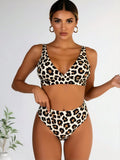2026 New Classic Leopard Print High Waist Bikini Set, V Neck Bathing Suit