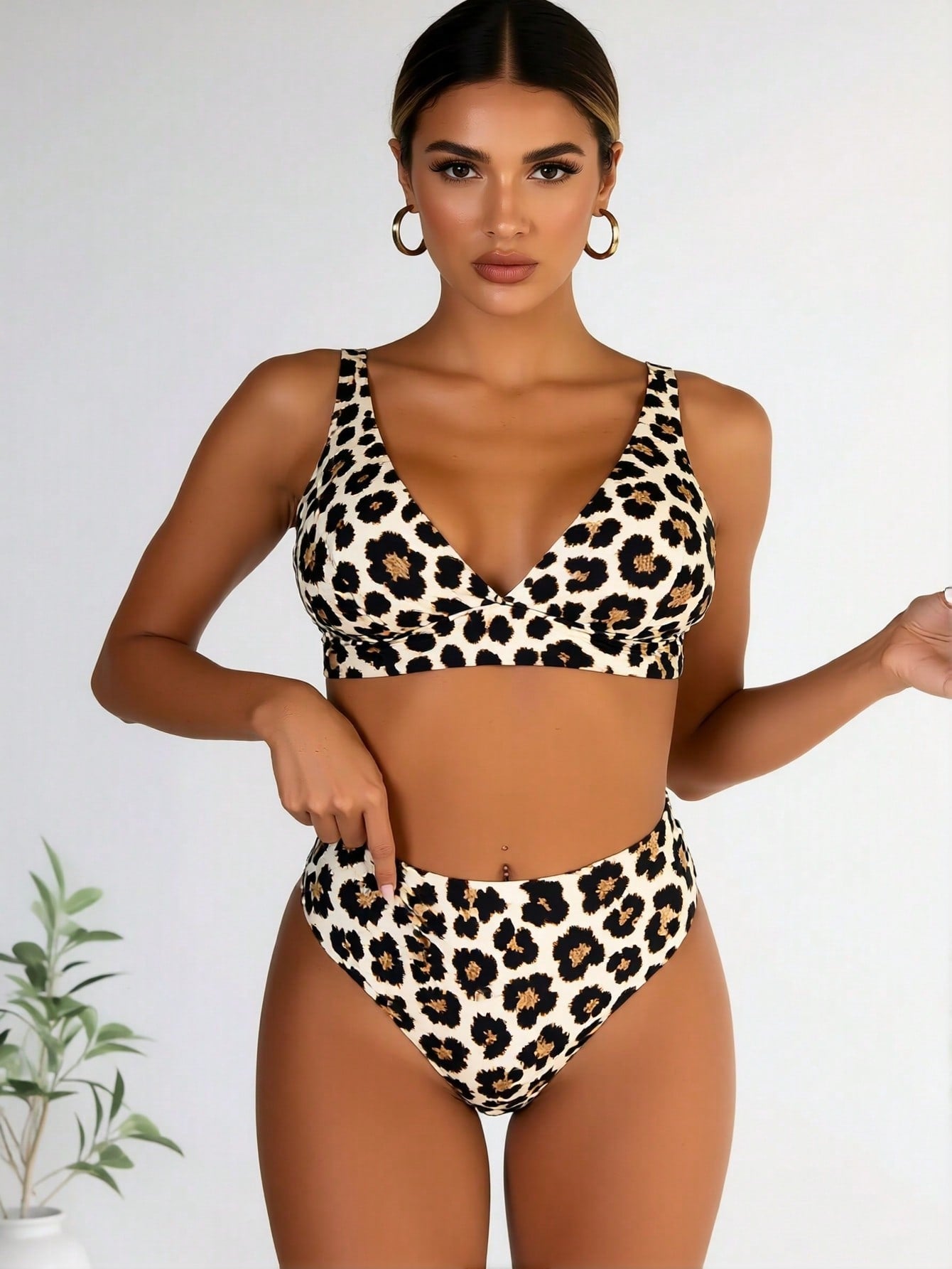 2026 New Classic Leopard Print High Waist Bikini Set, V Neck Bathing Suit