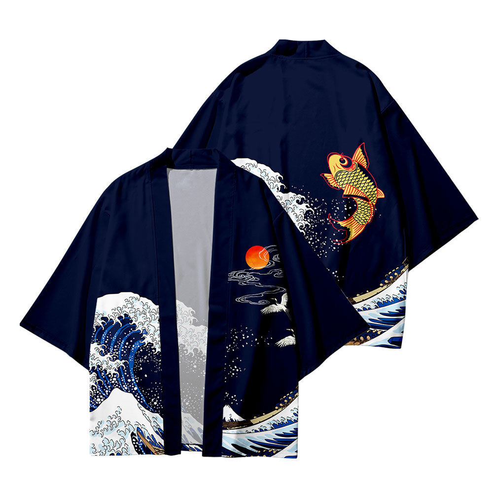 Creative Carp-Print T-Shirt With Feather Cape