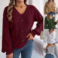 Solid-color V-neck Buttoned Cable-knit Puff-sleeve Pullover Sweater