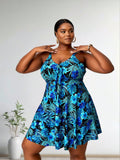 2026 New Plus Size Swimsuit Women's Black With Blue-Green Tropical Floral Print Spaghetti Strap Swimdress For Beach Vacation, Modest & Slim Fit