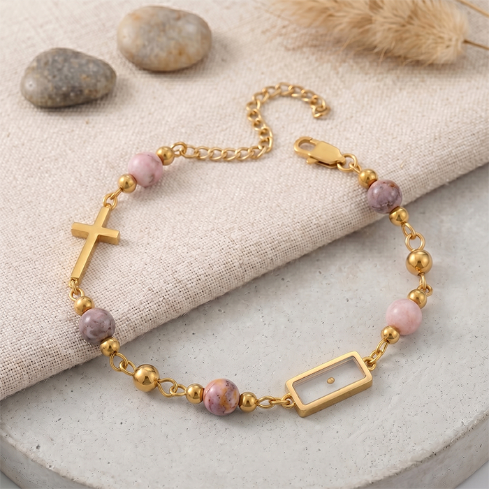 Real Mustard Seed Cross Bracelet For Women, 18K Gold Plated Stainless Steel Natural Stone Beads Bracelet, Religious Christian Faith Gift