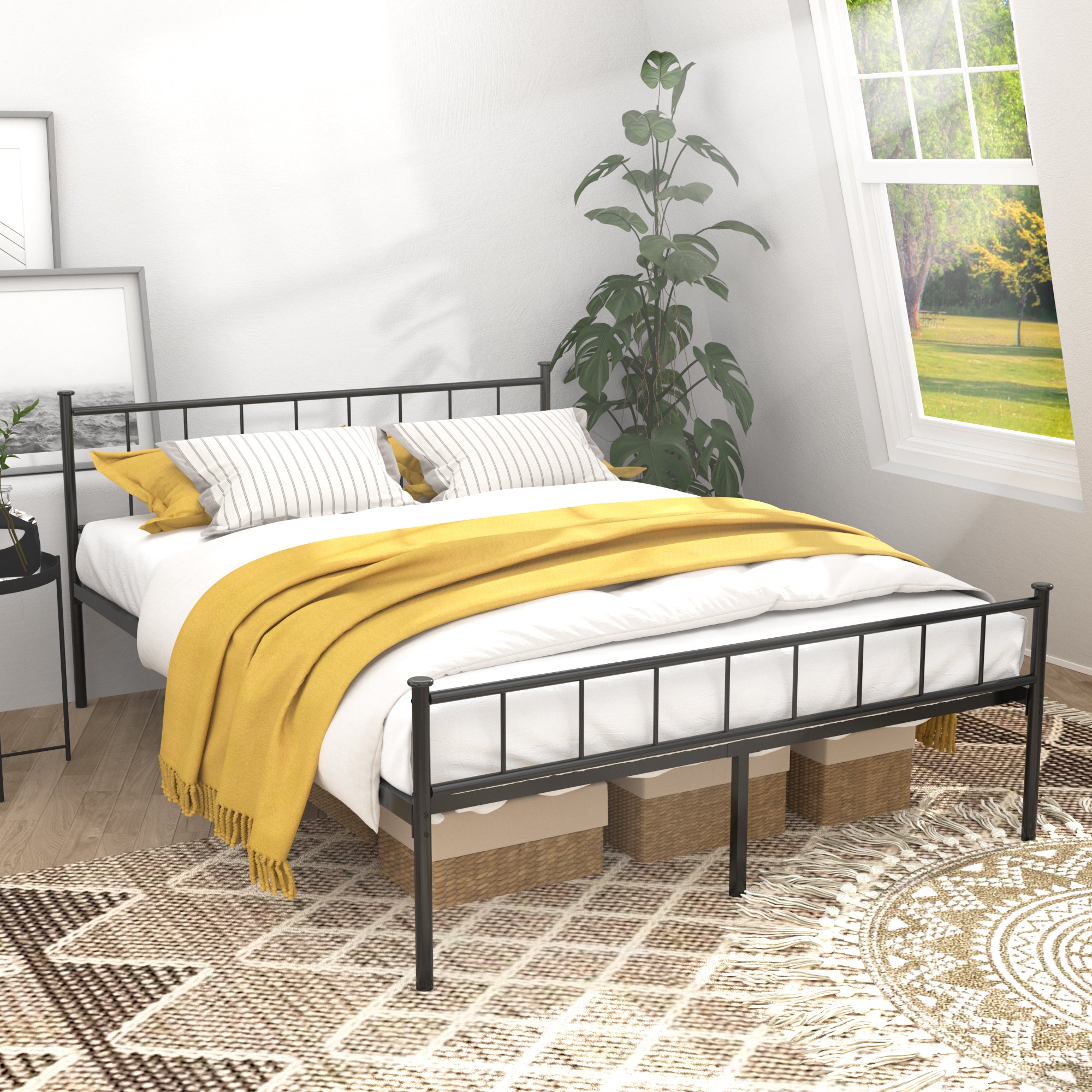Queen Size Bed Frame, Headboard And Footboard,Structurally Stable, Under Bed Storage,No Box Spring Needed,Black