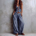 Vertical-striped Casual Vest And Wide-leg Pants Set