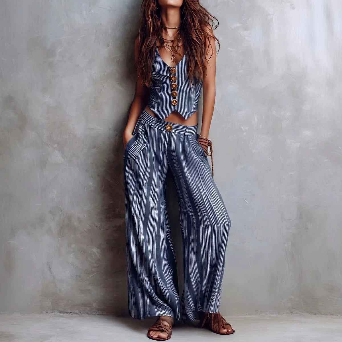 Vertical-striped Casual Vest And Wide-leg Pants Set