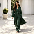 Strap-detailed Robe And Straight-leg Pants Two-piece Set