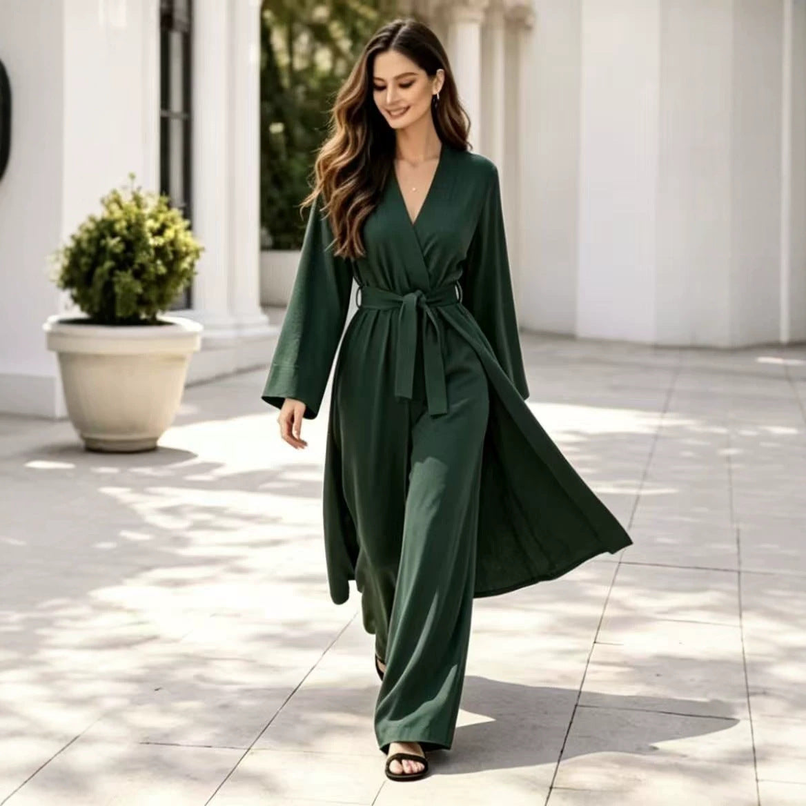 Strap-detailed Robe And Straight-leg Pants Two-piece Set