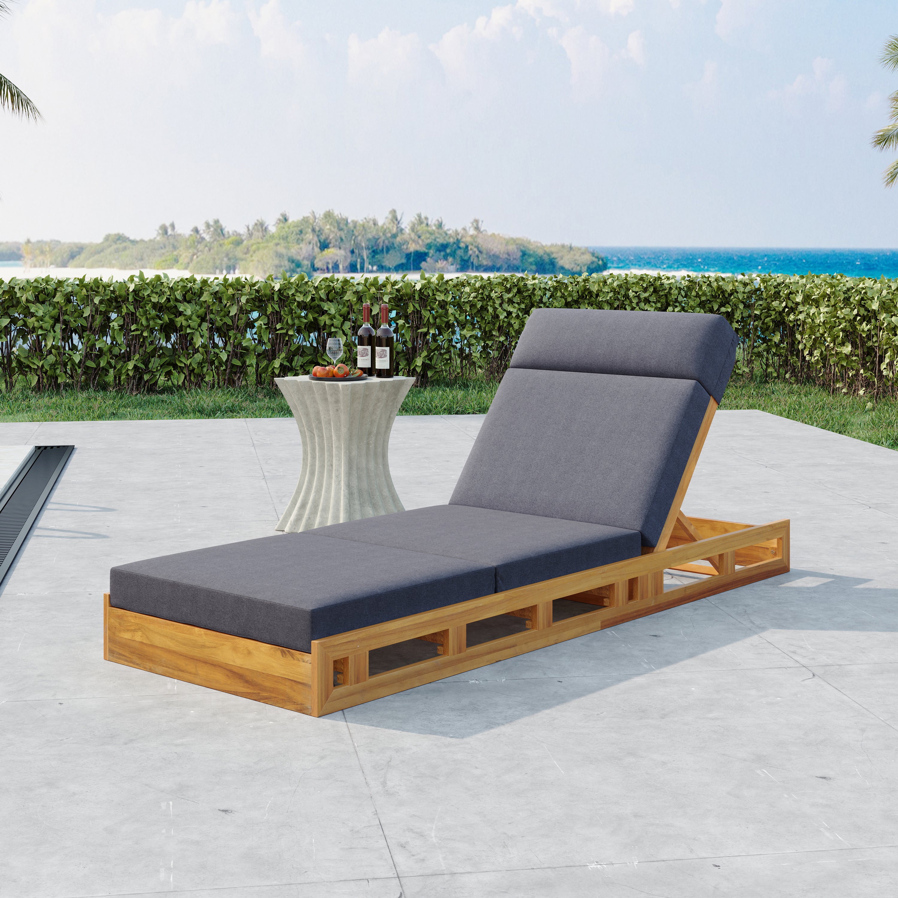 LOUNGE CHAISE SET WITH HEADREST, ACACIA WOOD WITH WATER-RESISTANT LOUNGE CUSHIONS  DARK GREY & 3-FOLD & 4 Inch  - MATCHING CREAM BEIGE VERSION AVAILABLE
