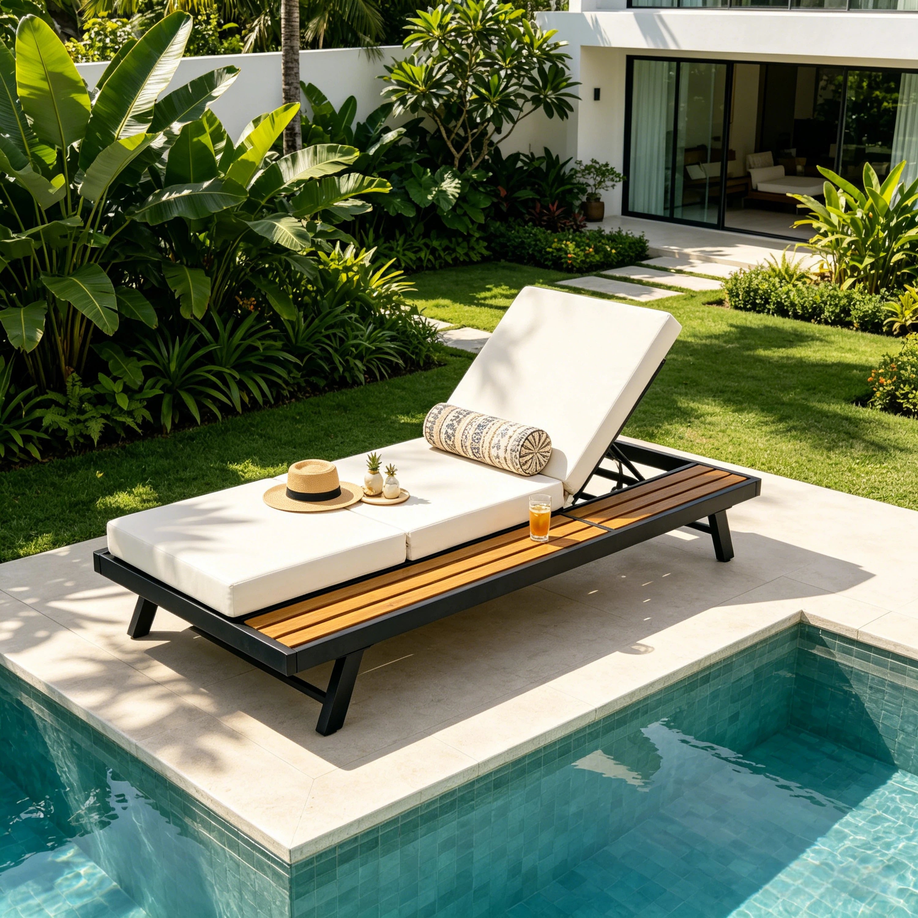 Black Iron   Teak Finish Chaise Lounge Set With Cream Cushion, 400 Lbs Capacity, 4  Thick 3-Fold Water-Resistant Cushion, Adjustable Backrest With Flat Storage Surface For Patio Poolside