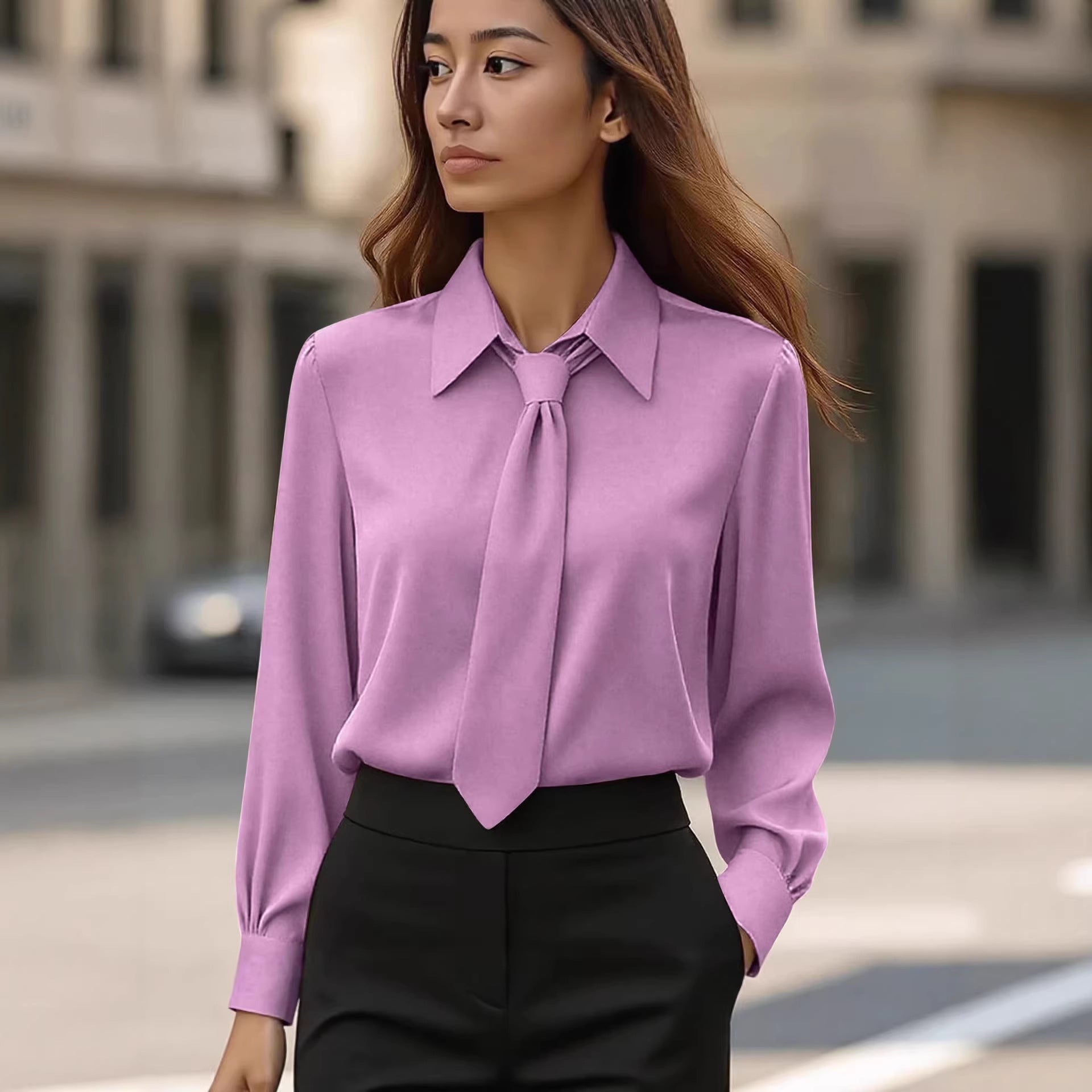 Womens Solid-Color Casual Tie Long-Sleeve French-Collar Shirt