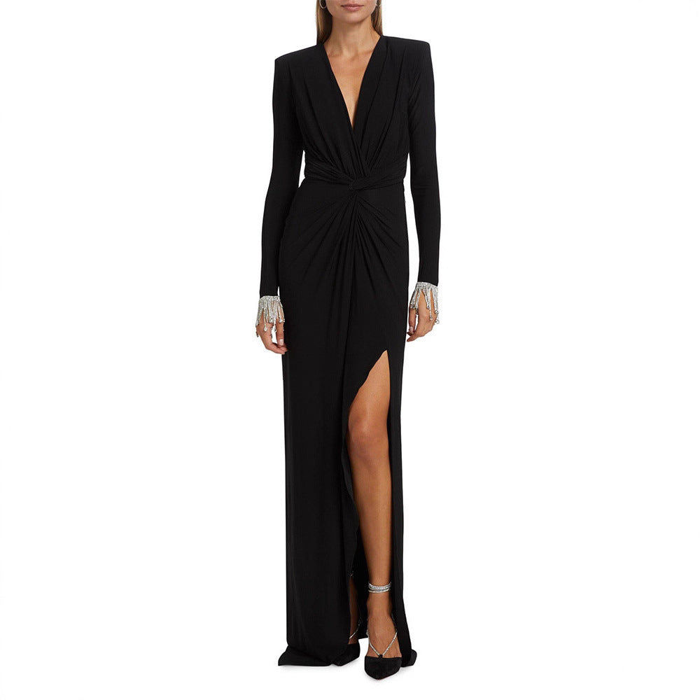 Spring Autumn Longsleeve Solidcolor Sexy DeepV Womens Dress