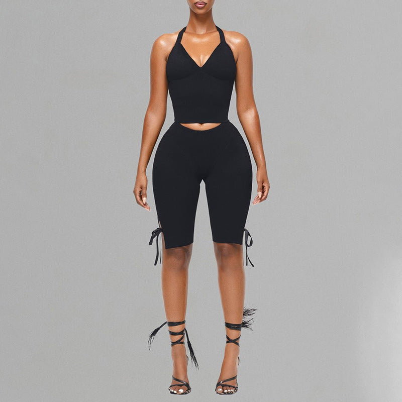 Womens Halterneck Strapless Tube Top And Bow-Knot Pants Solid-Color Set
