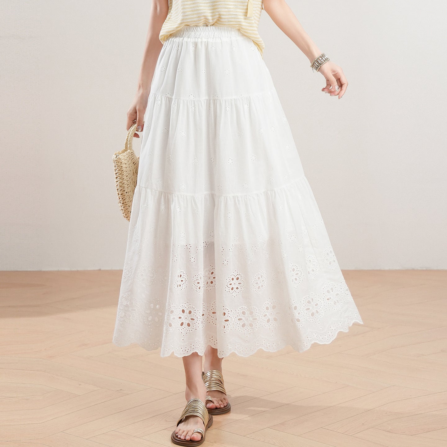 Womens Loose-fitting White Hollow-out Floral Skirt