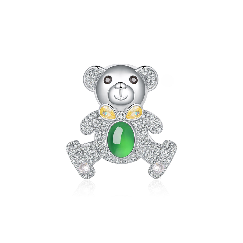 S925 Silver Pave Bear Brooch 8x6mm Oval Green Chalcedony 7g Platinum Plated Fashion Gift Box