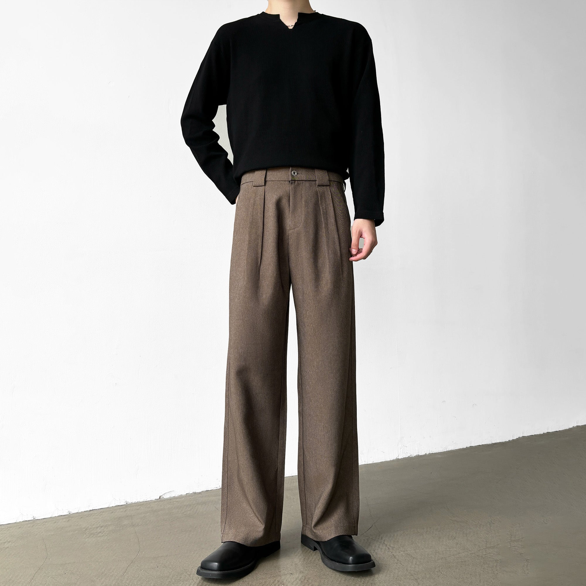 Three-needle-stitch A-line Straight-leg Relaxed-fit Mens Suit Pants