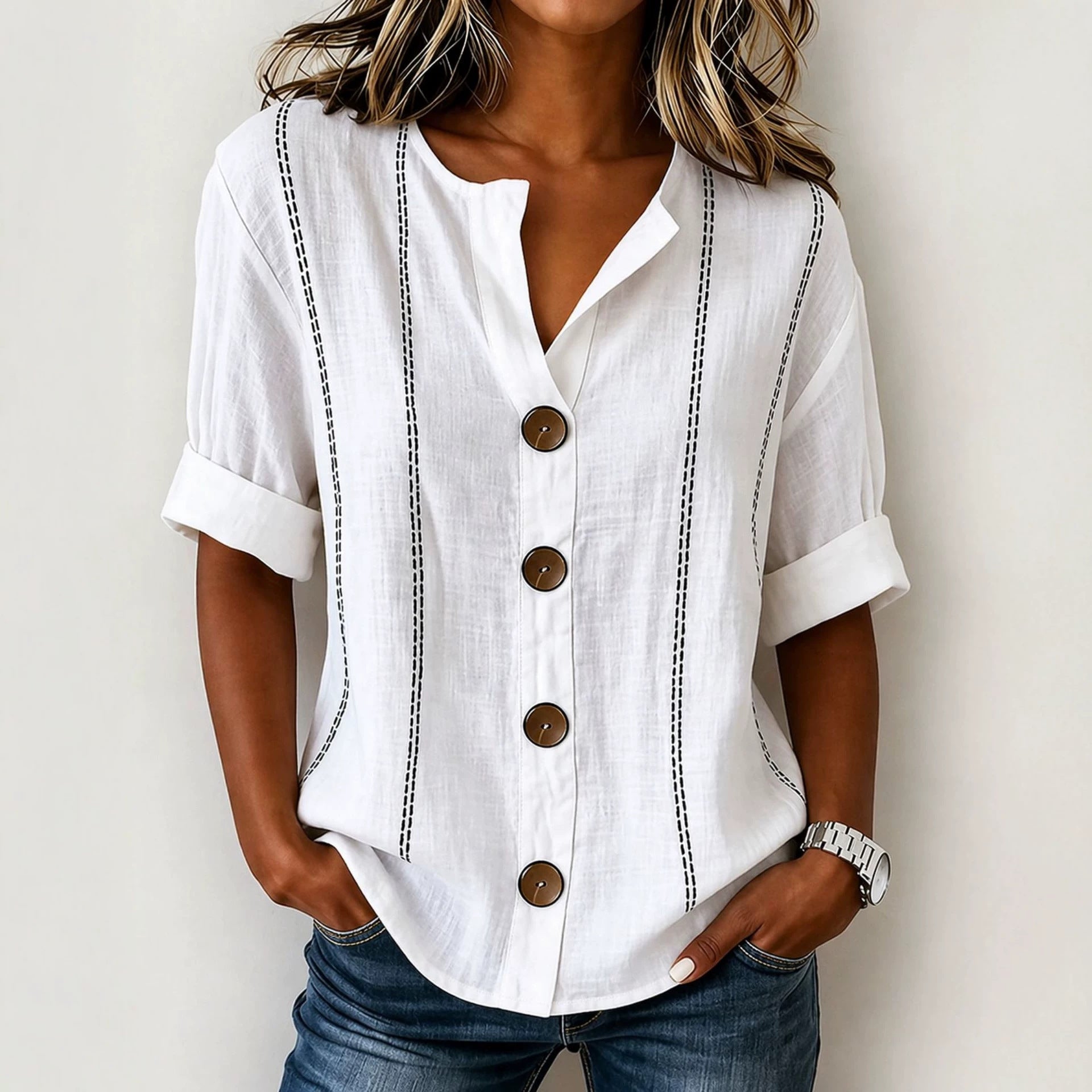 Summer Striped Button-up Blouse For Women