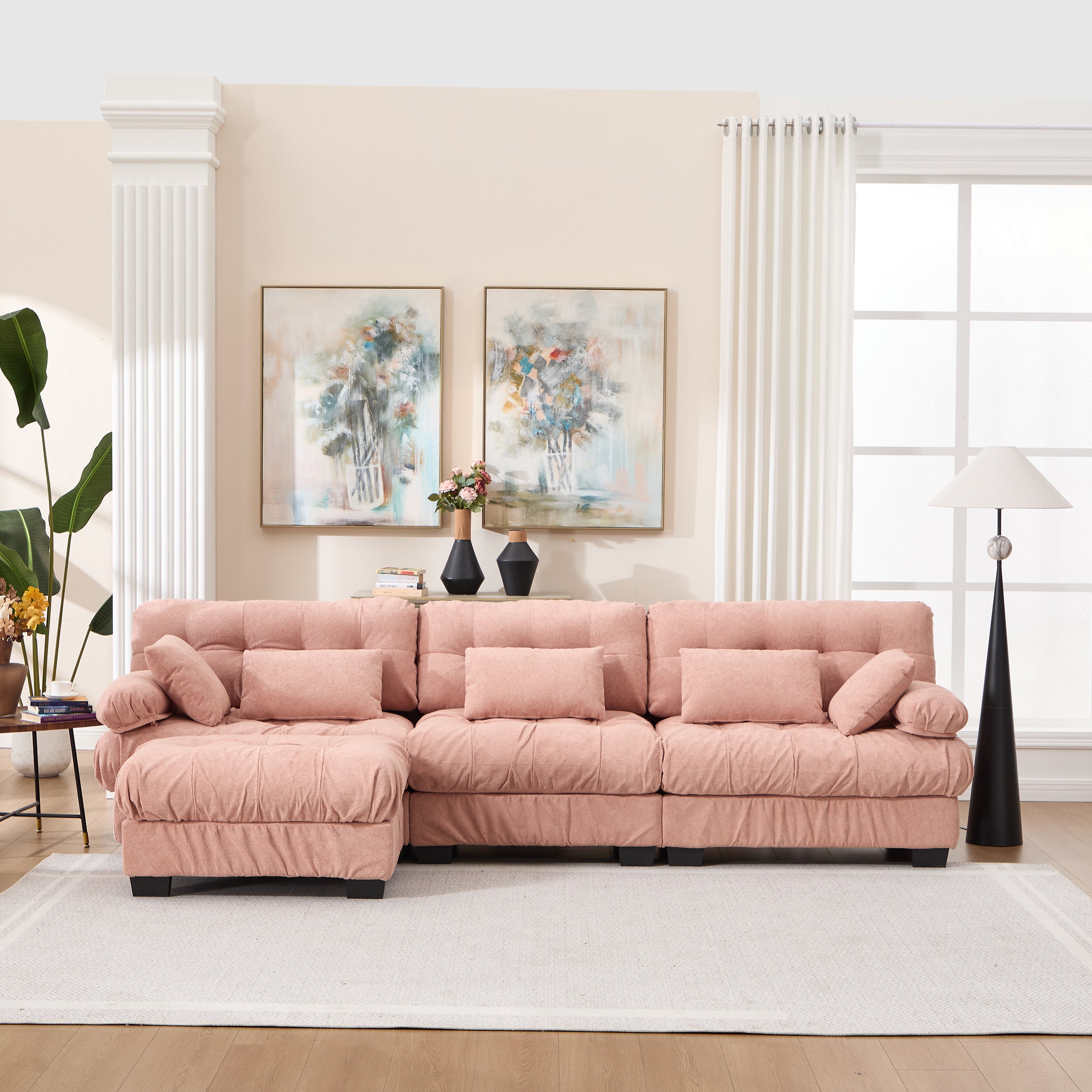 Modular Sectional Sofa,Cloud Couch, L Shaped Couch With Movable Ottoman, Modern Deep Seat Couches For Living Room, Oversized 3-Seater Sofa Comfy Advanced Flannelette Sofas For Bedroom,5 Pillows