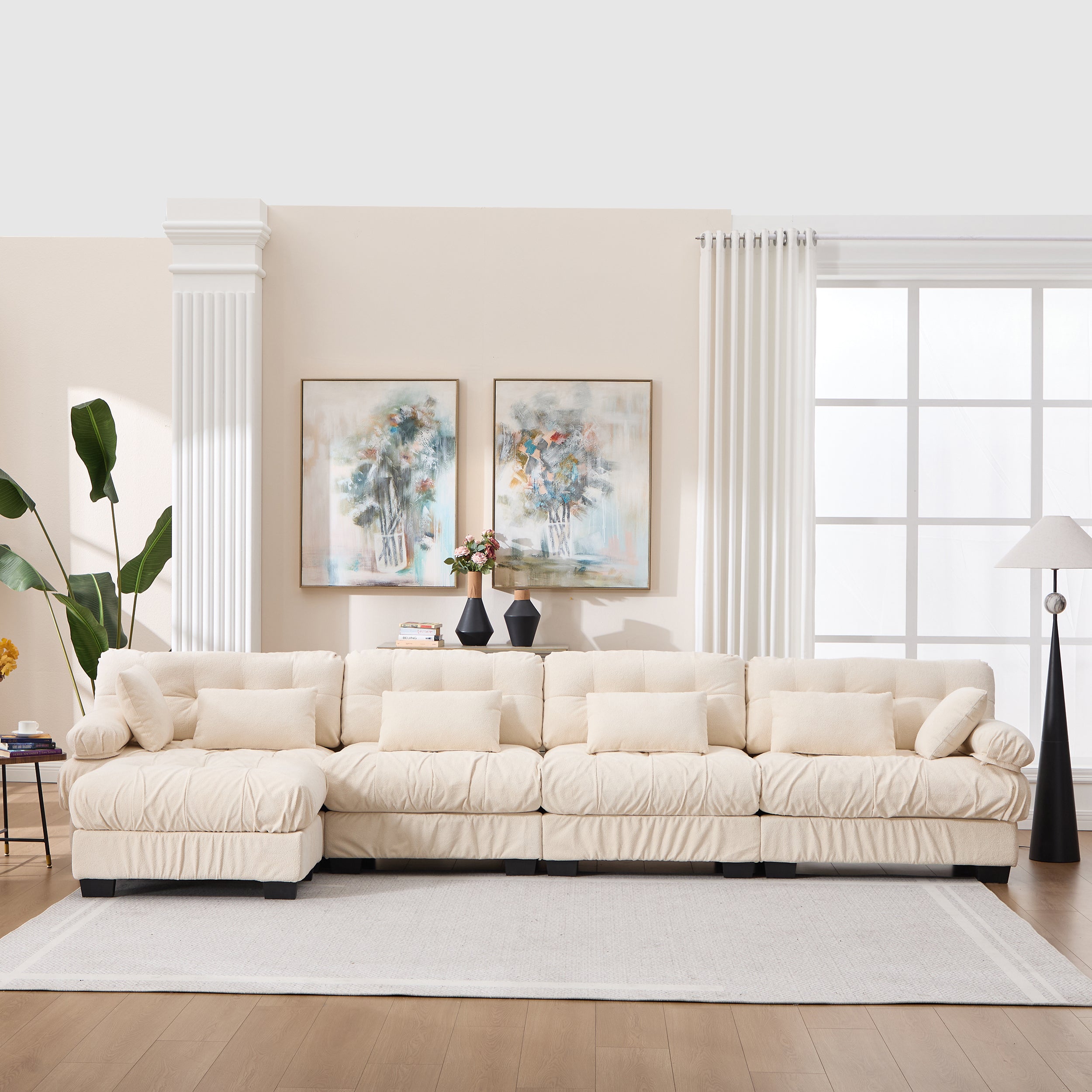 Modular Sectional Sofa Cloud Couch, L Shaped Sectional Couches For Living Room, Deep Seat Modular Couch With Round Armrests 6 Pillows, 4-Seater Modern Comfy Advanced Flannelette Sofa For Bedroom