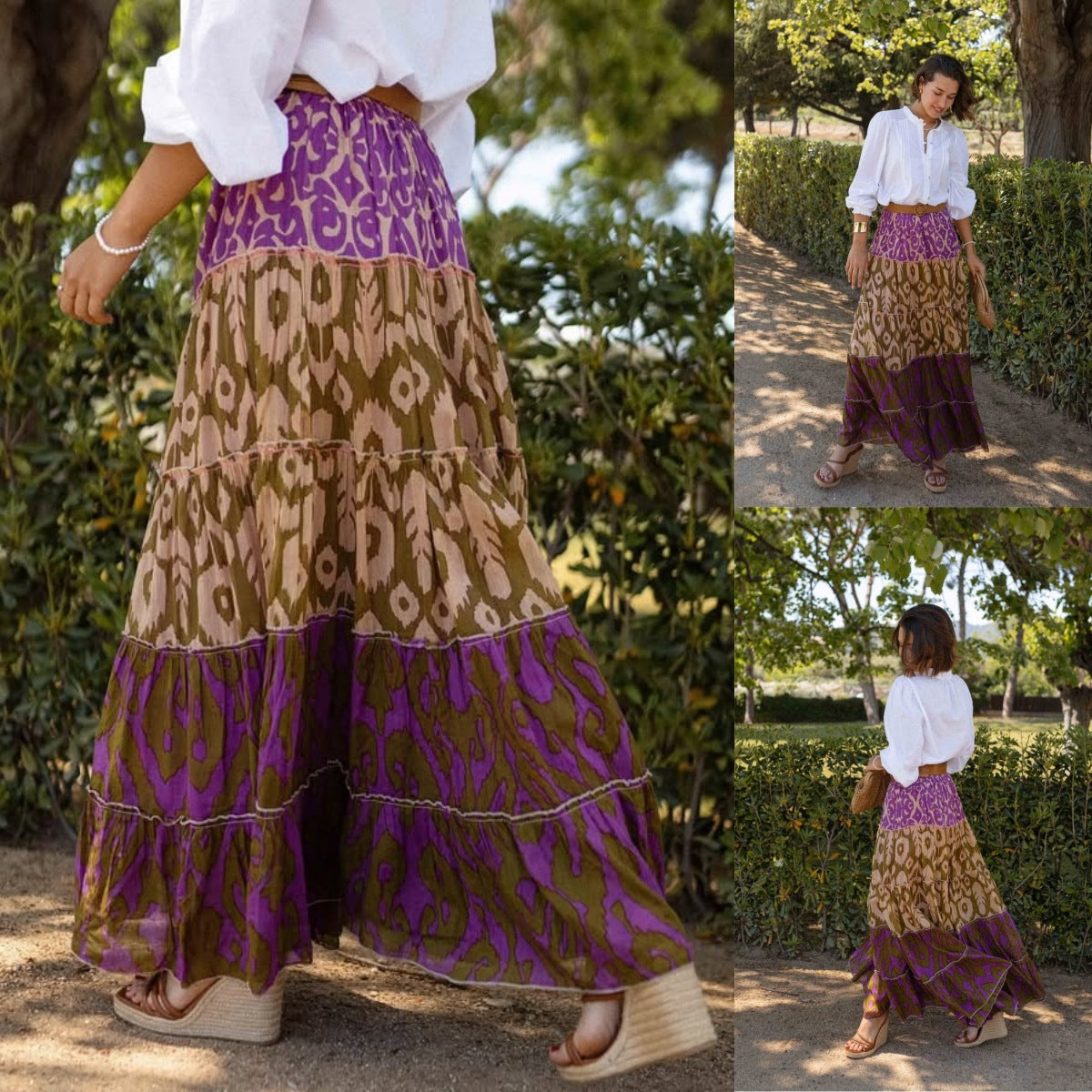Printed Ruffled Flared Maxi Skirt