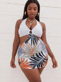 2026 New Women's One-Piece Swimsuit: White Halter Top With O-Ring Detail, Tropical Palm Leaf Print Skirted Bottom, Side Cutout, Flattering Silhouette