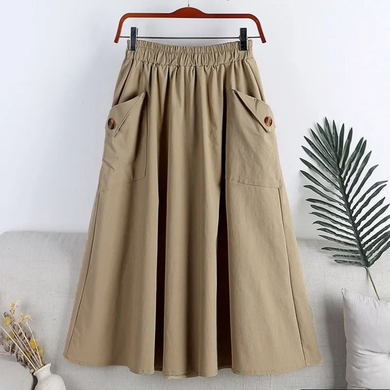 Pocketed Elastic-waist Midi-length Flared A-line Skirt