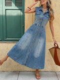 Fashionable Washed Sleeveless Denim Maxi Dress