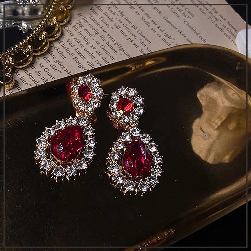 Hong Kong Style Vintage Earrings, Light Luxury Faux Ruby Formal Ear Ornaments