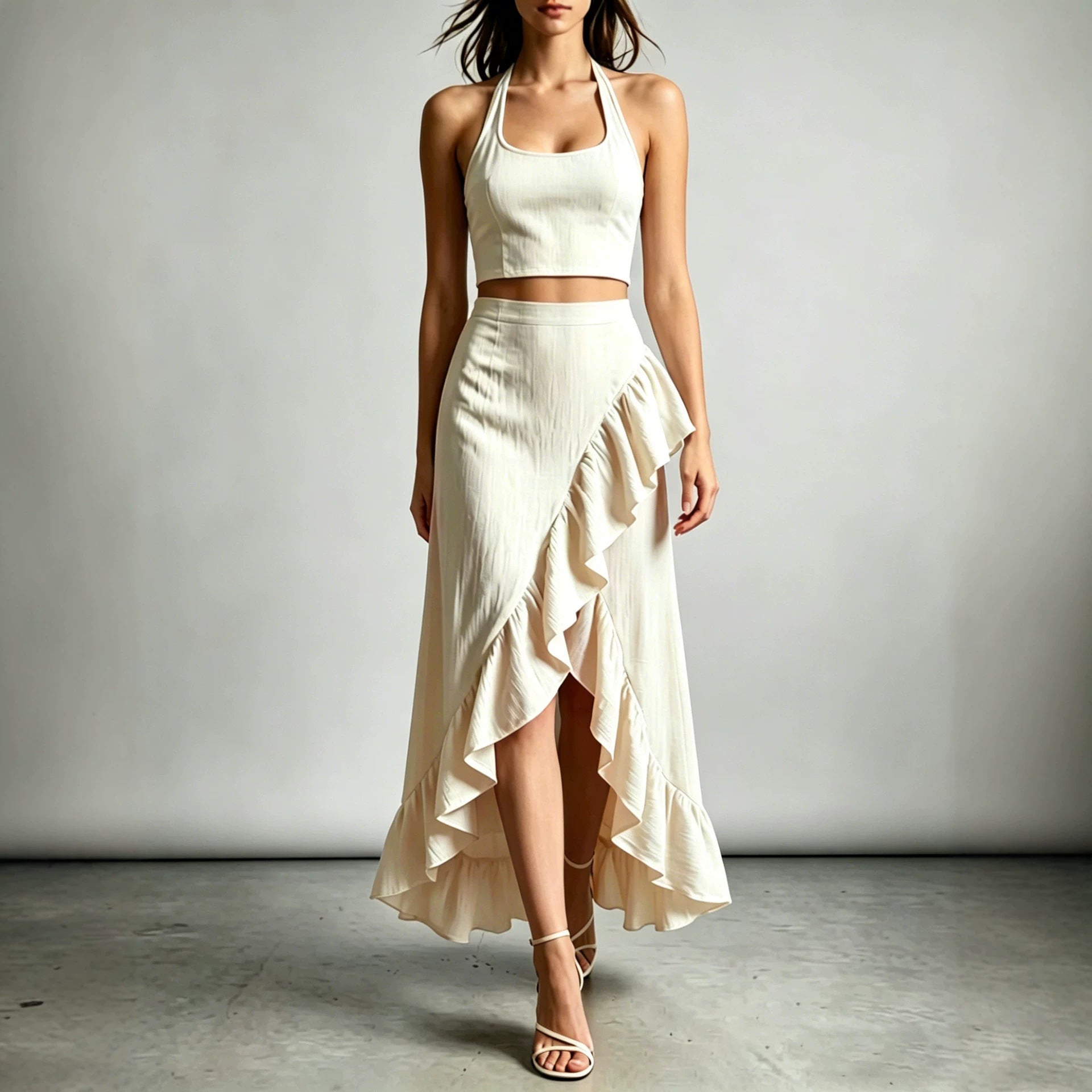 Womens Cropped Top With A High-waisted Ruffled Skirt