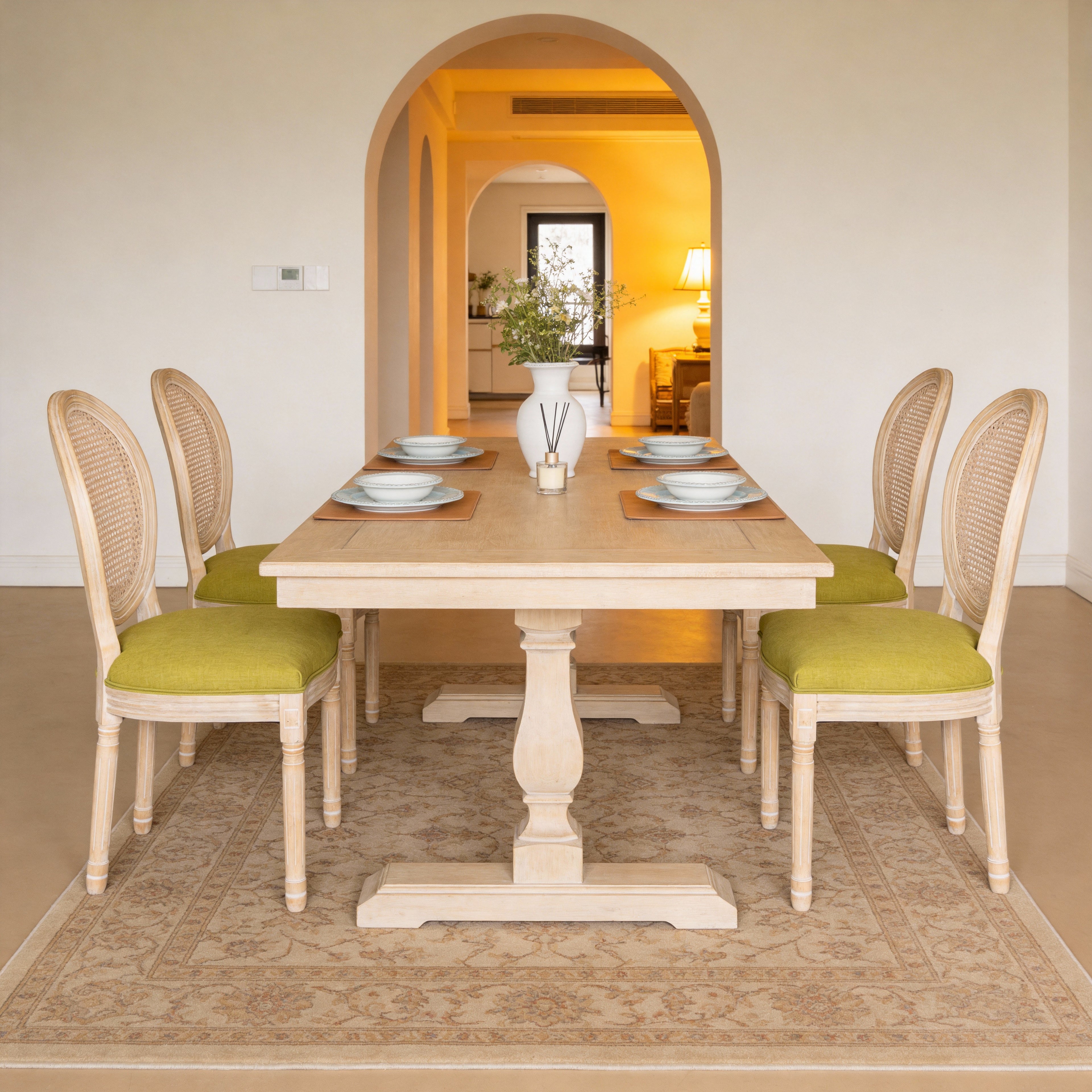 French Country Dining Chairs Set Of 2, Upholstered  Chairs With Nature Rattan Round Back, For Living Room, Kitchen , Restaurant Use, Green