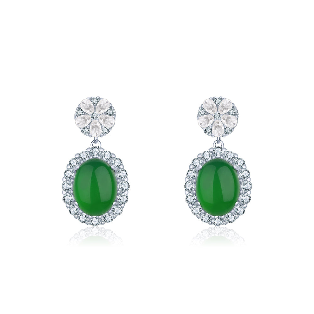 S925 Sterling Silver Dangle Earrings, 8x10mm Oval Green Chrysoprase, Platinum Plated Halo Drop Earrings For Women, Elegant Jewelry Gift Box Set