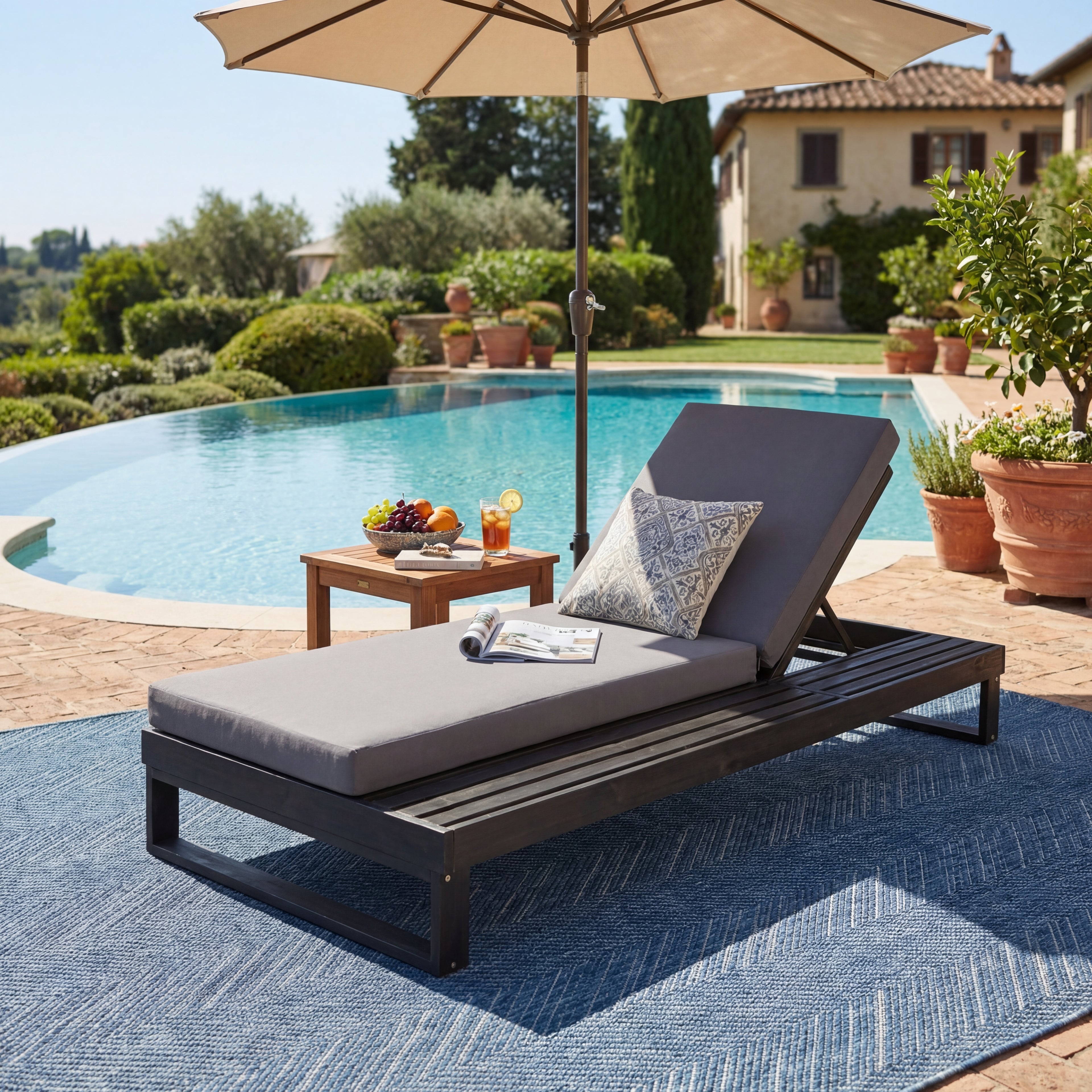 Black Acacia Wood Chaise Lounge With 4-Inch Dark Grey 2-Fold  Cushion Set, 4-Position Adjustable Outdoor Patio Lounger With Flat Side Surface, For Poolside- Matching Cream Version Available