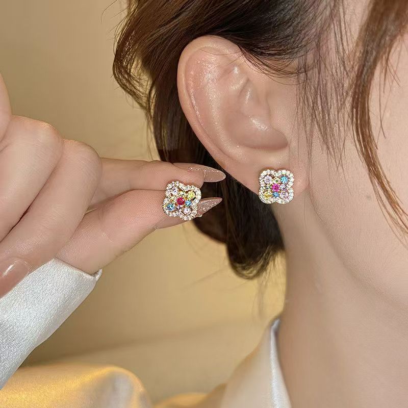 Colorful Zircon Four-Leaf Clover Stud Earrings For Women, Unique Beautiful Light Luxury High-End New Arrival Ear Jewelry