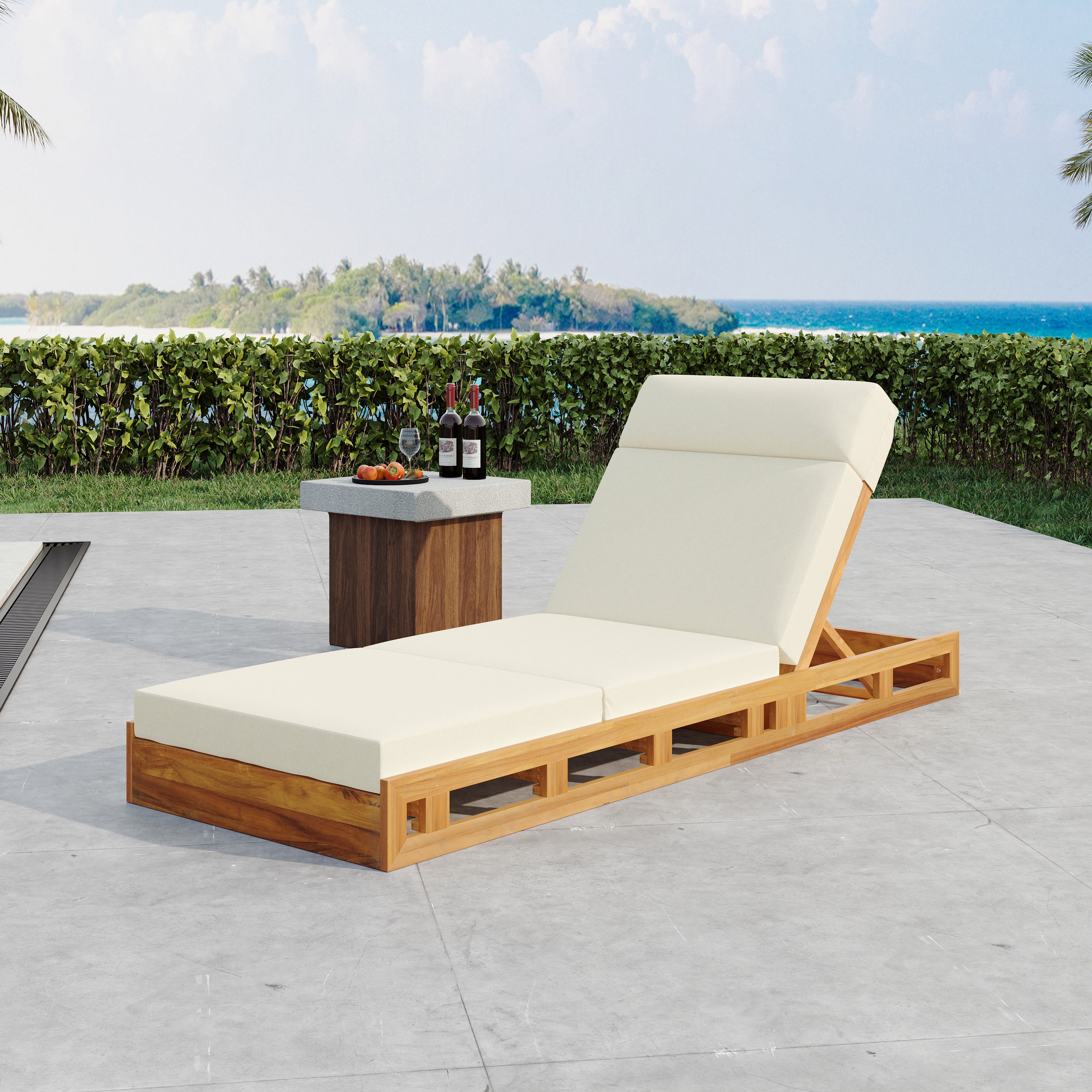LOUNGE CHAISE SET WITH HEADREST, ACACIA WOOD WITH WATER-RESISTANT LOUNGE CUSHIONS  BEIGE & 3-FOLD & 4 Inch  - MATCHING DARK GREY CREAM VERSION AVAILABLE