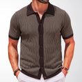 Mens Vertical-Striped Colorblock Lapel Knit Sweater
