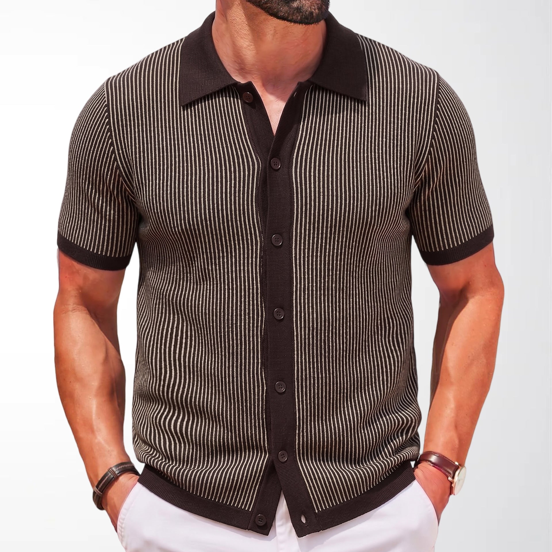 Mens Vertical-Striped Colorblock Lapel Knit Sweater