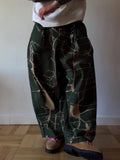 Dark Green Abstract Crack Line Print Oversized Snap Cuff Baggy Jogger Pants