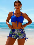 2026 New Royal Blue Front Drawstring Bikini Top & Tropical Leaf Print High Waist Shorts Two Piece Swimsuit