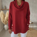 Solid-color Turtleneck Pullover Long-sleeve Womens Top With Buttons