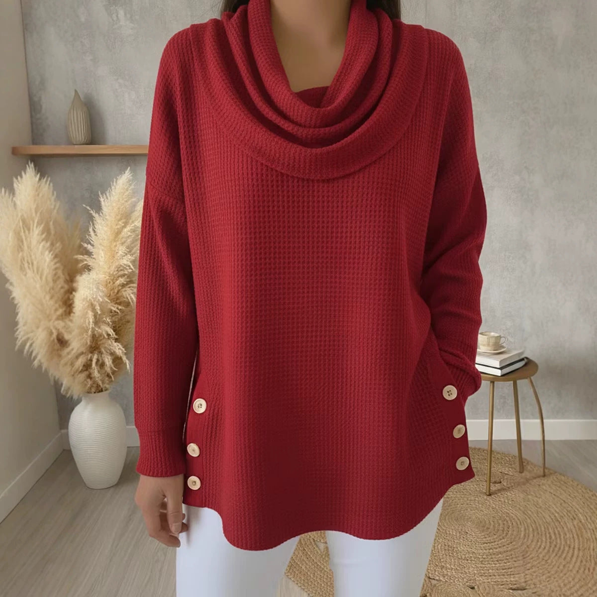 Solid-color Turtleneck Pullover Long-sleeve Womens Top With Buttons