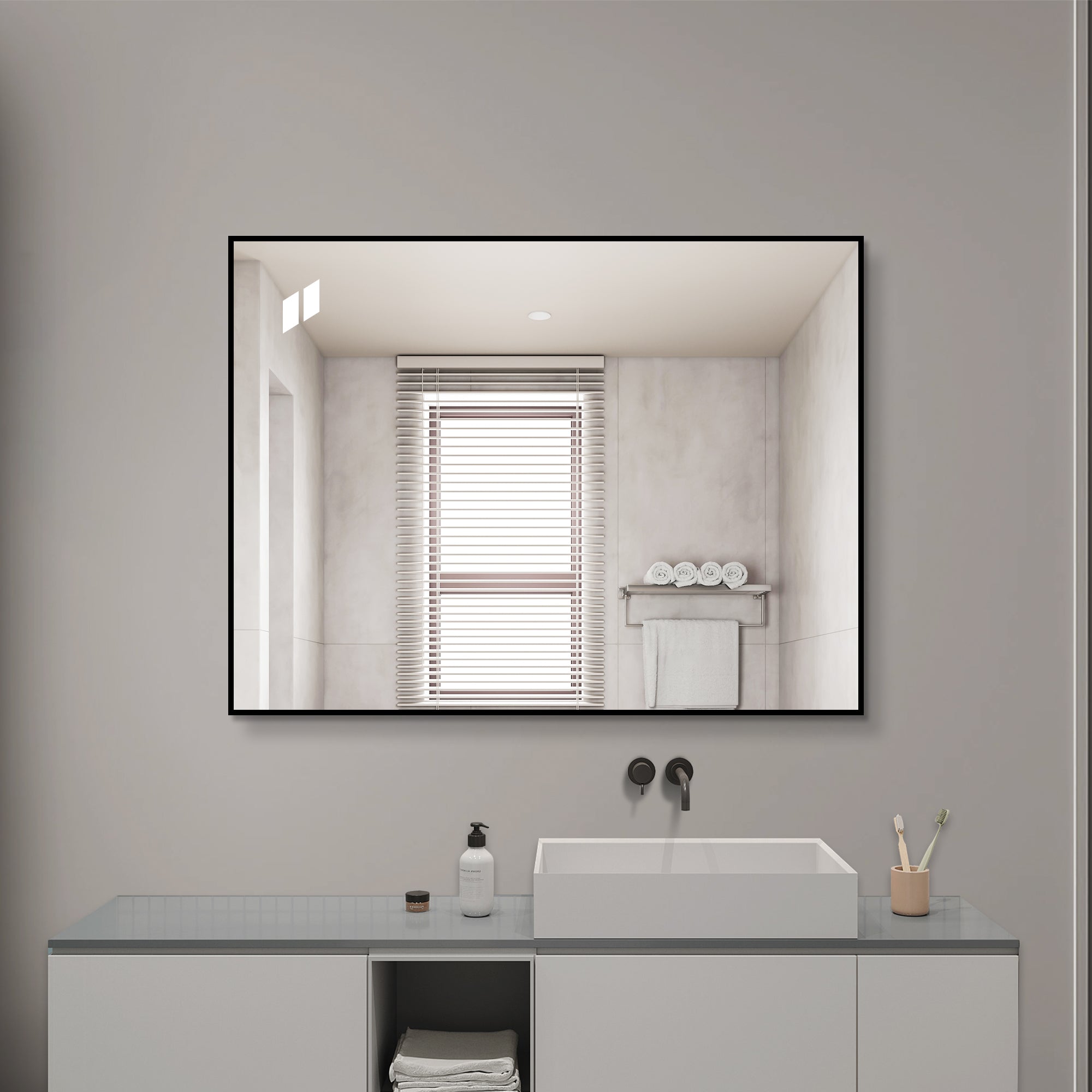 24x32 Inch Black Aluminum Framed Bathroom Mirror, HD Copper-Free Silver Wall Mirror, Horizontal & Vertical Hanging Vanity Mirror For Bathroom, Entryway & Dressing Room