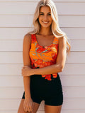 2026 New Orange Poppy Print Tankini Swimsuit, U Neck Floral Tank Top & Solid Black Boy Shorts