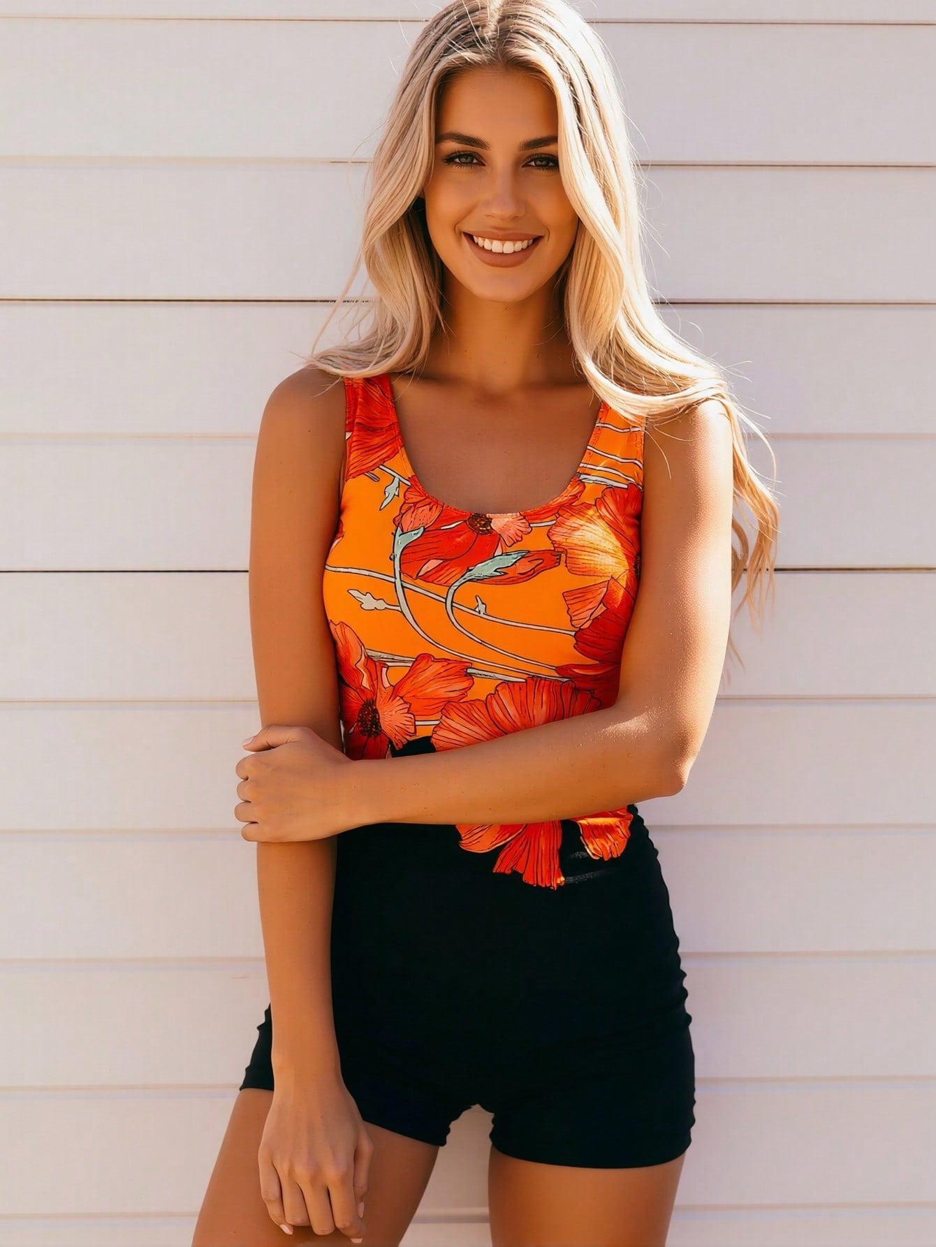 2026 New Orange Poppy Print Tankini Swimsuit, U Neck Floral Tank Top & Solid Black Boy Shorts