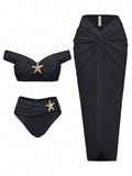 Black Off Shoulder Starfish Decor Bikini Set With Twist Front Cover Up Skirt